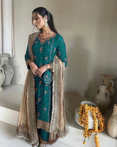 Teal Blue Chinon Sharara Suit Set with Organza Dupatta | Sequin Embroidery